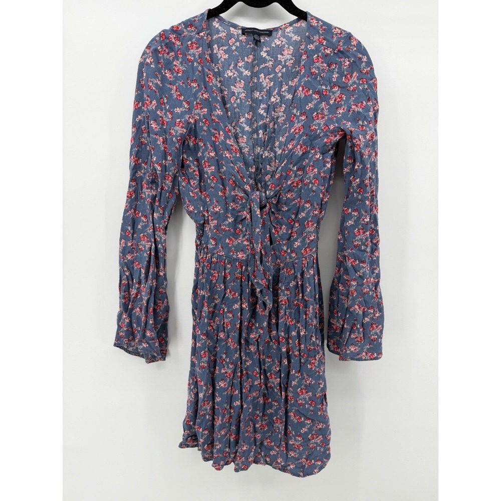 American Eagle Floral Mini Dress Blue Red Tie Front Bell Sleeve Smocked Small